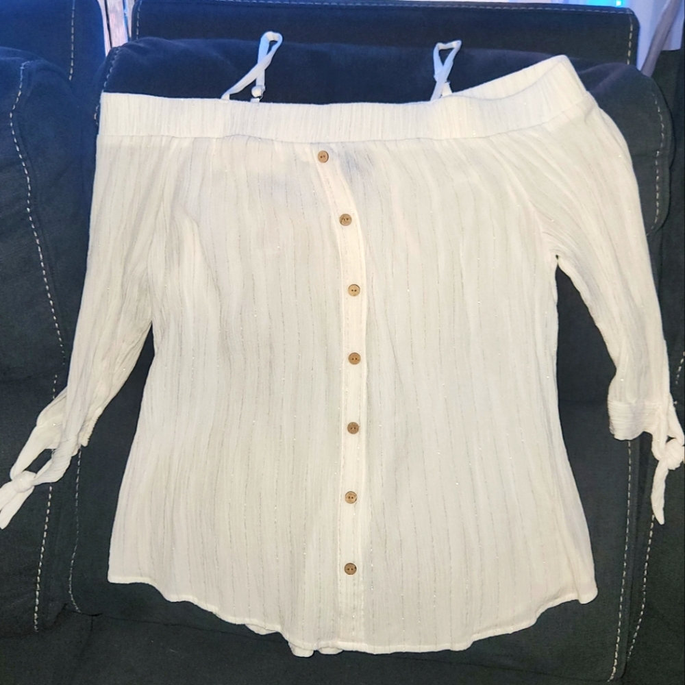 A.Byer White Off-Shoulder Faux Button-Up Blouse